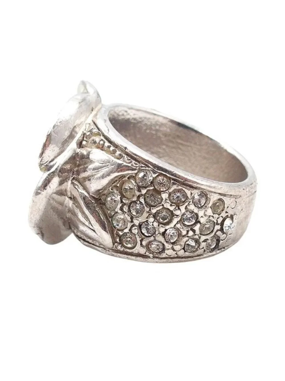 Chanel Camellia Silver Metal CC Logo Rhinestone Ring